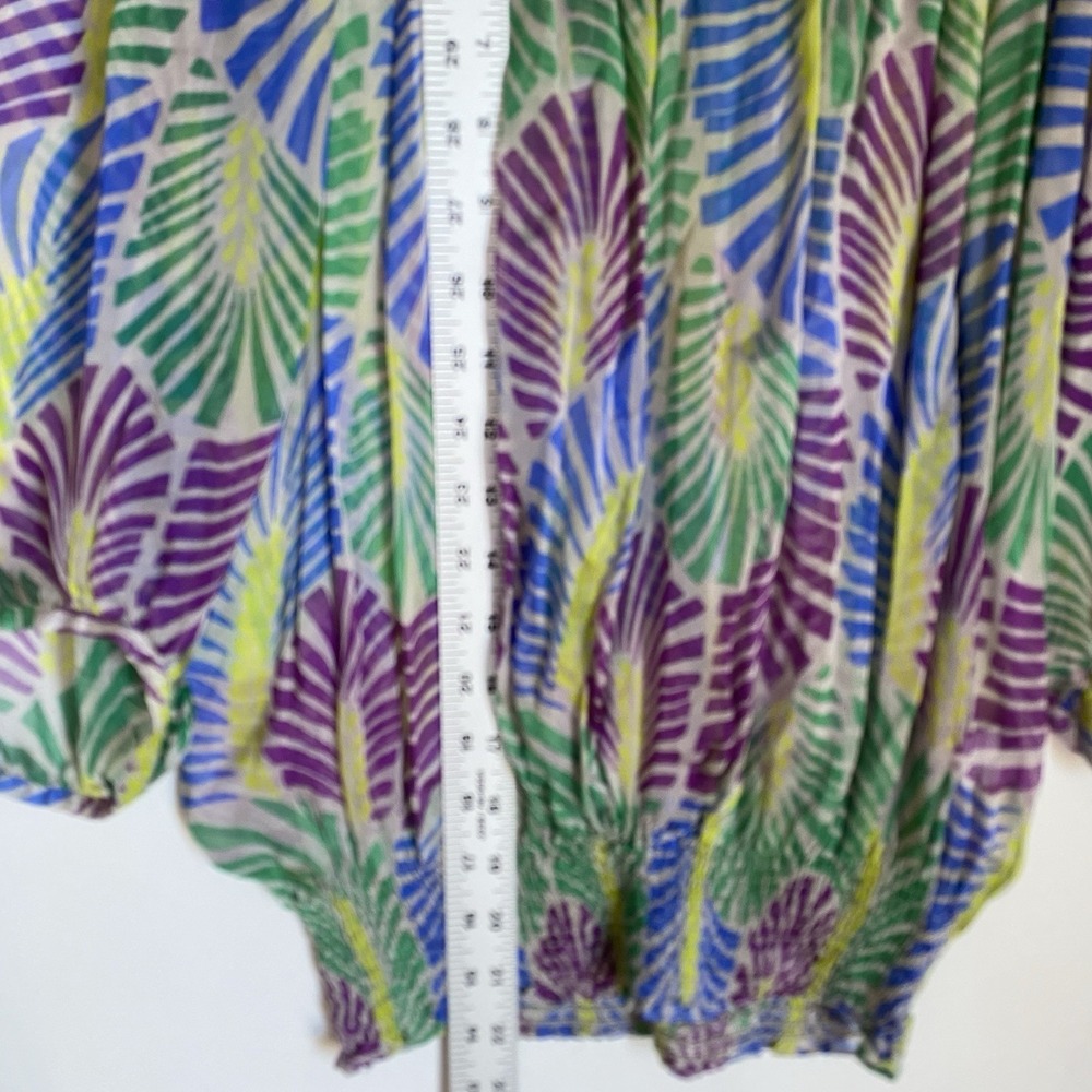 Zara 100% Silk Blouse Size M Multicolor Off Shoulder Puff Sleeve Resort Wear - Picture 8 of 9